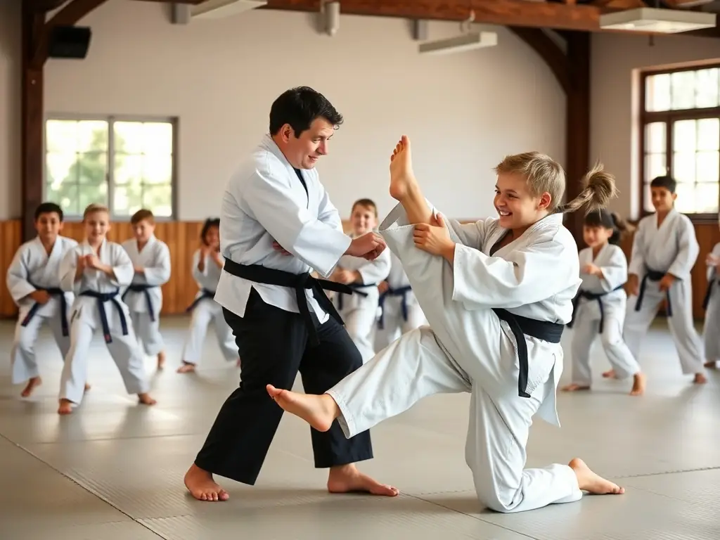 A group of beginners practicing judo techniques on mats, with an instructor guiding them through basic throws and holds. The atmosphere is supportive and encouraging, with participants of various ages and backgrounds.