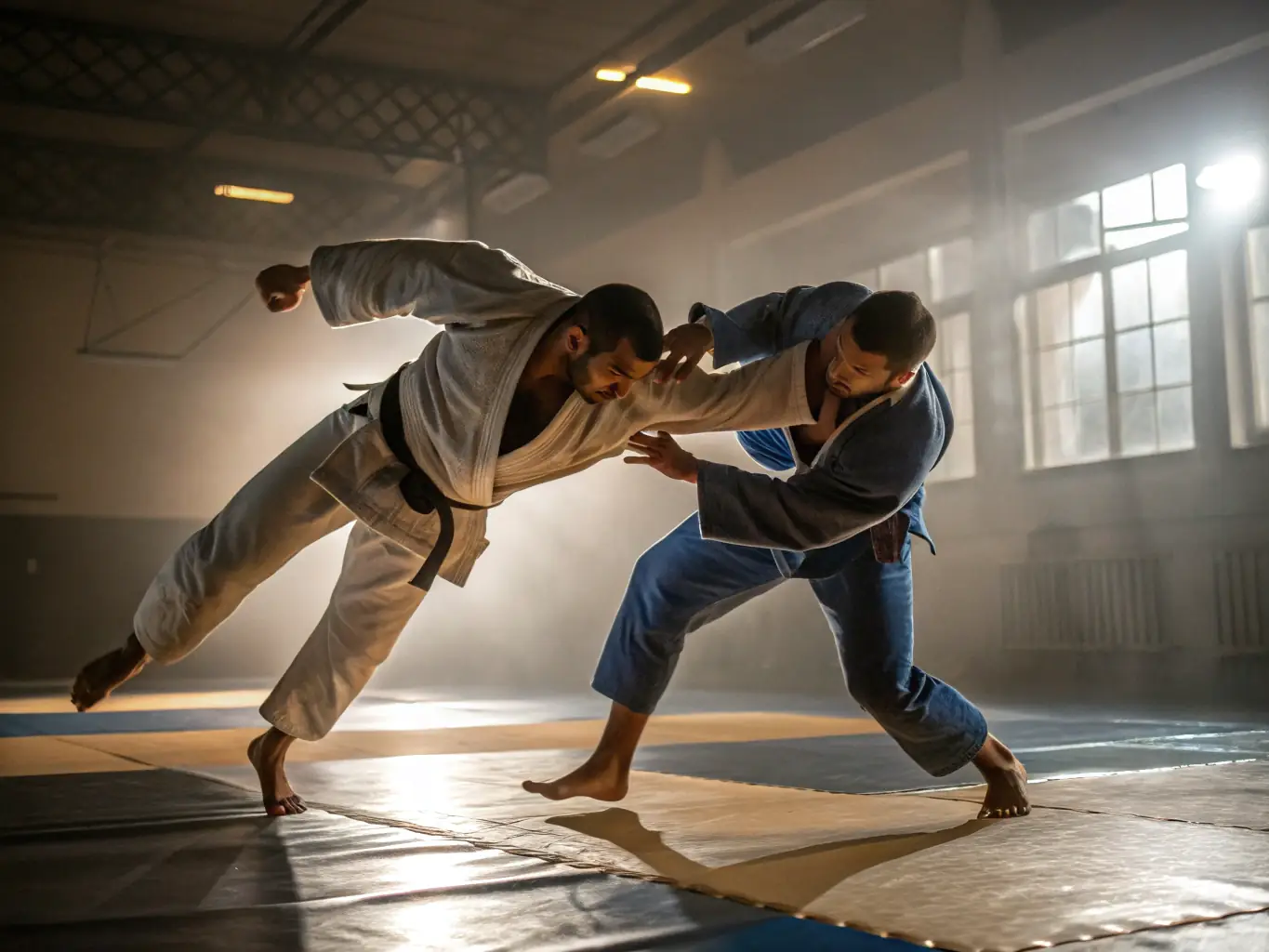 A dynamic image of adult judokas engaged in a sparring session, demonstrating the intensity and skill involved in the advanced training program.