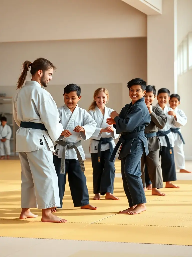 A group of judo students of various ages and skill levels, supporting each other during a training session, highlighting the community aspect of judo.