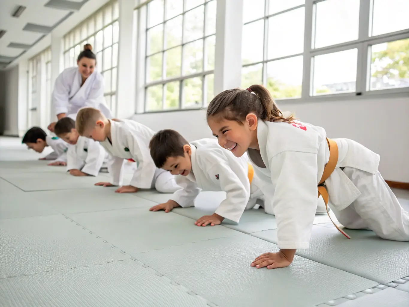A group of children in judo uniforms practicing a grappling technique under the guidance of an instructor, showcasing the youth program's focus on fun and skill development.
