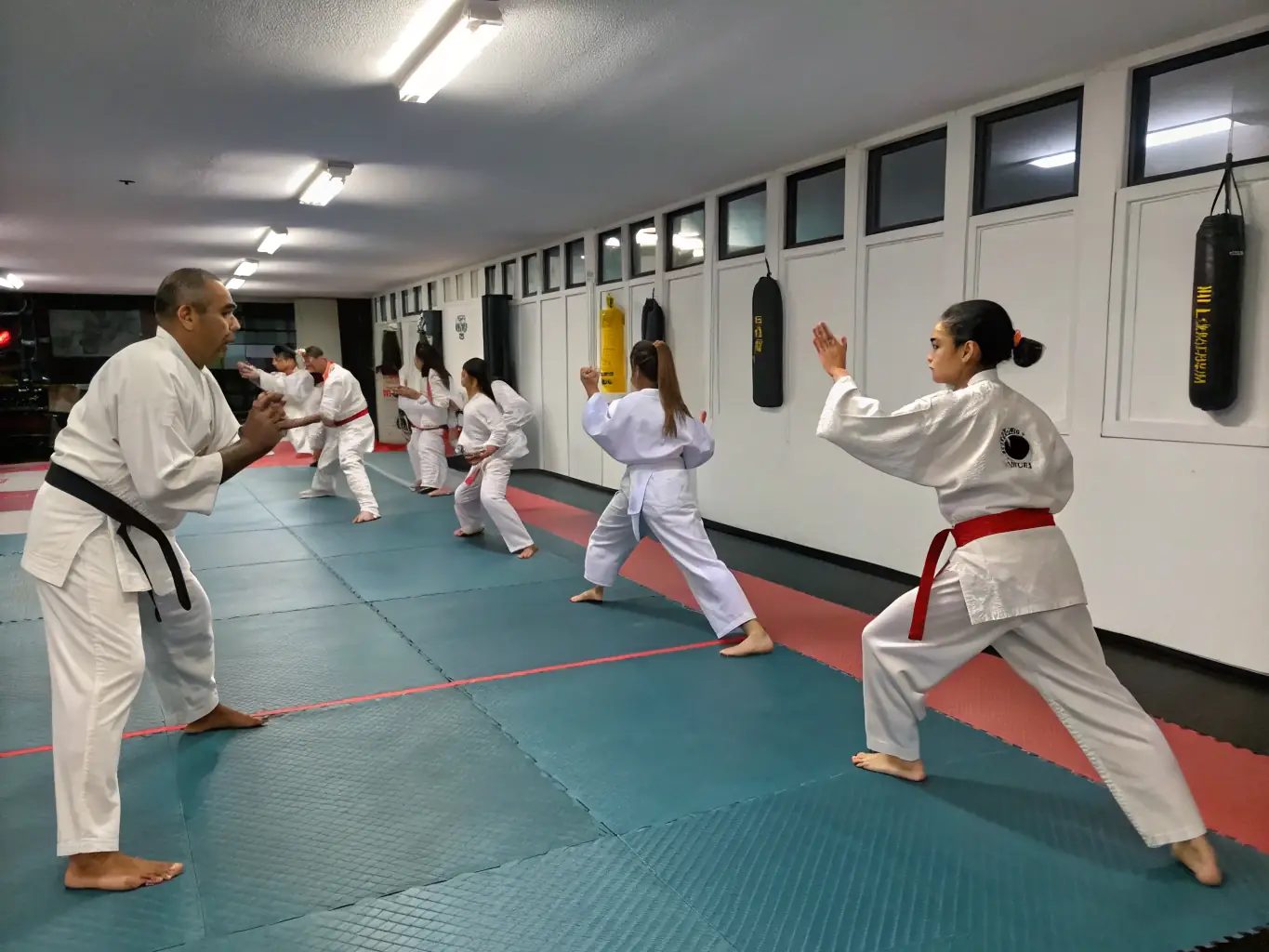 A welcoming scene of beginners learning basic judo stances and movements, emphasizing the supportive and inclusive atmosphere of the beginner classes.