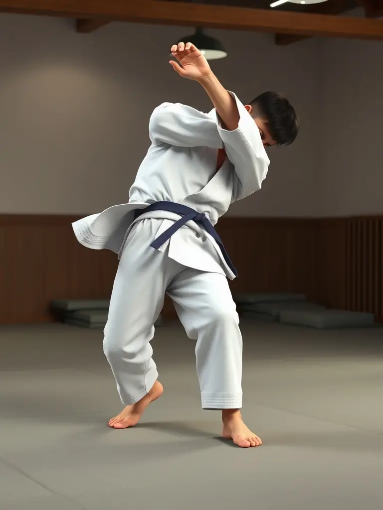 A person in a judo gi executing a perfect throw, demonstrating the physical fitness aspect of judo. The background is a clean dojo setting.