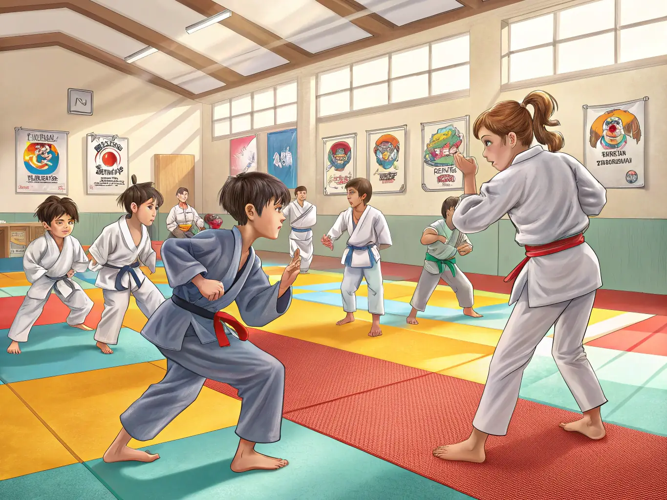 Experienced judokas practicing throws during a high-intensity training session with a coach providing feedback. The focus is on refining techniques and preparing for competitions.
