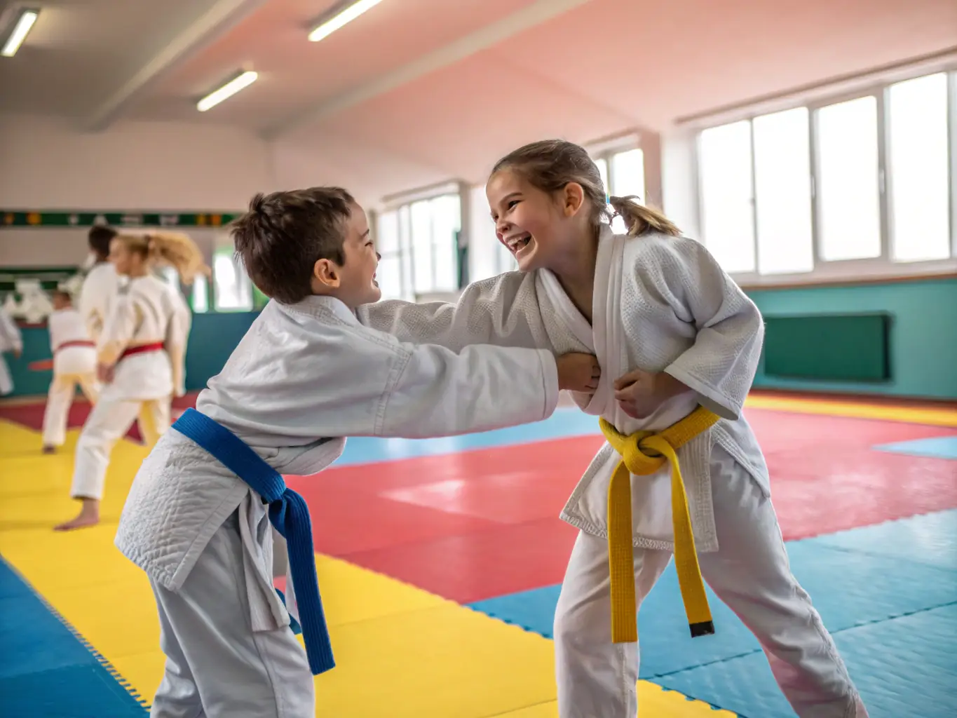 Children practicing judo techniques in a supervised class, smiling and engaging in friendly competition. The setting is safe and fun, promoting teamwork and personal growth.