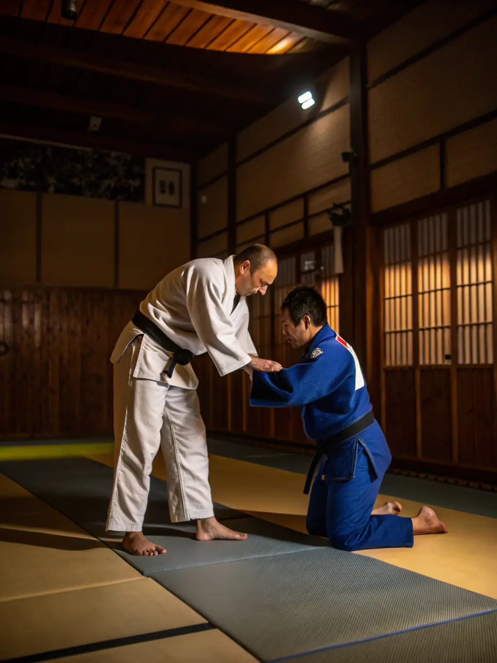 A judo student bowing respectfully to their instructor, showcasing the discipline and respect inherent in judo training.