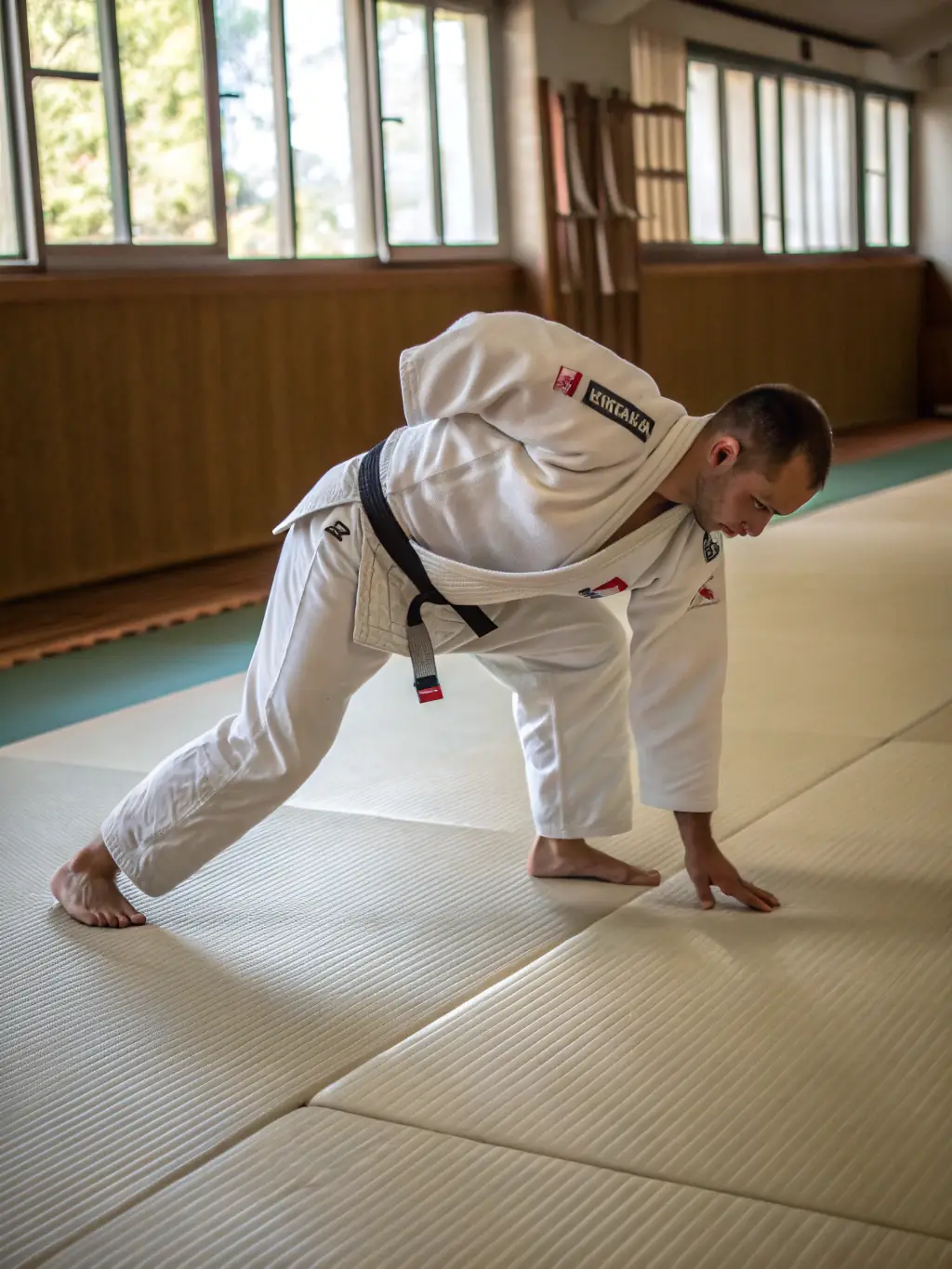 A judo practitioner confidently facing their opponent, illustrating the self-confidence gained through judo training.